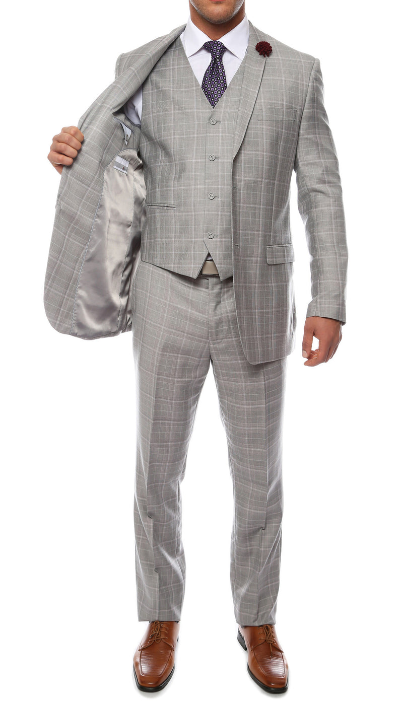 Lazio Light Grey 3pc Vested Slim Fit Plaid Suit - FHYINC best men's suits, tuxedos, formal men's wear wholesale