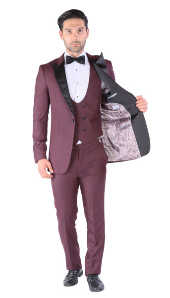 Luna 3pc Slim Fit Bugundy Peak Lapel Tuxedo - FHYINC best men's suits, tuxedos, formal men's wear wholesale