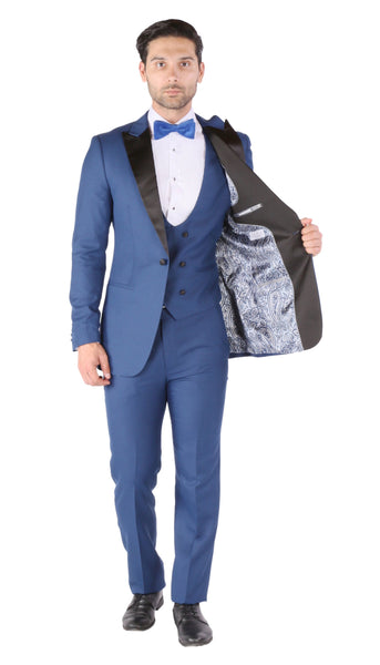 Luna 3pc Slim Fit Indigo Blue Peak Lapel Tuxedo - FHYINC best men's suits, tuxedos, formal men's wear wholesale
