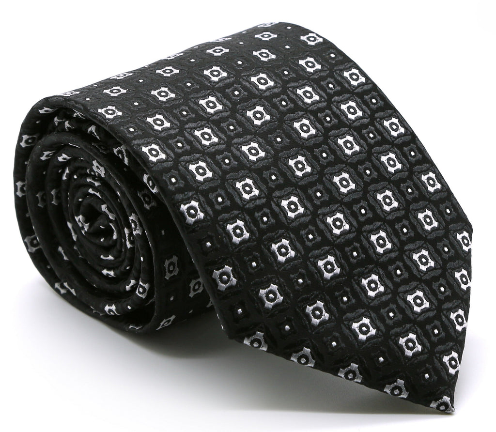 Mens Dads Classic Black Geometric Pattern Business Casual Necktie & Hanky Set N-4 - FHYINC best men
