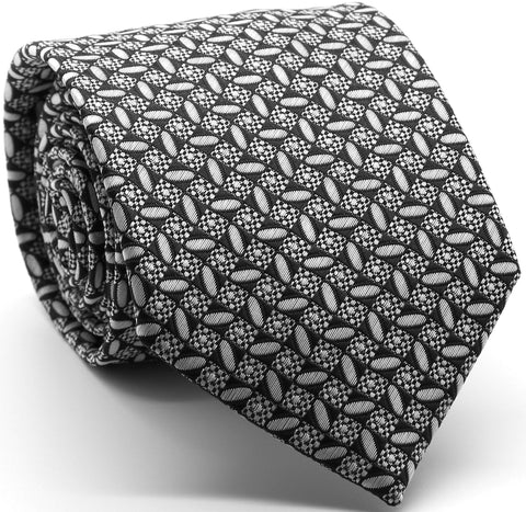 Mens Dads Classic Black Geometric Circle Pattern Business Casual Necktie & Hanky Set OO-1