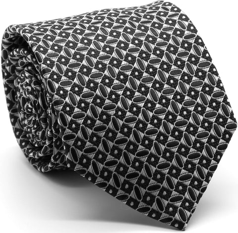 Mens Dads Classic Black Geometric Circle Pattern Business Casual Necktie & Hanky Set OO-3