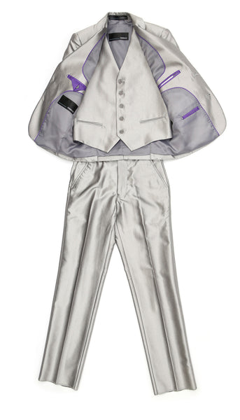 Boys Silver Shiny Sharkskin Oxford 3pc Vested Suit - FHYINC best men's suits, tuxedos, formal men's wear wholesale