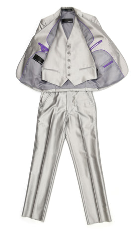Boys Silver Shiny Sharkskin Oxford 3pc Vested Suit
