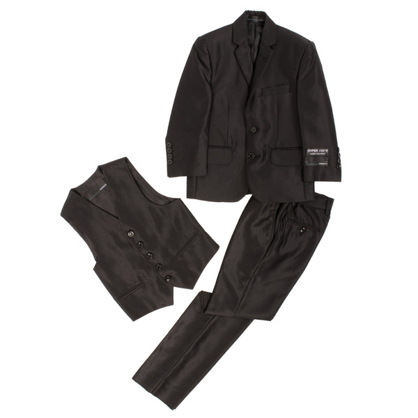 Boys Black Shiny Sharkskin Oxford 3pc Vested Suit - FHYINC best men's suits, tuxedos, formal men's wear wholesale