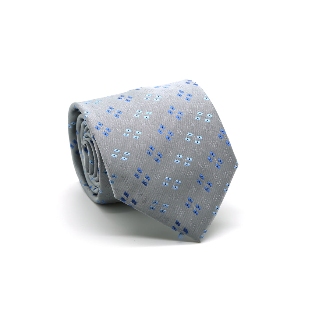 Ferrecci Mens Grey/Blue Geo Pattern Necktie with Handkerchief Set - FHYINC best men