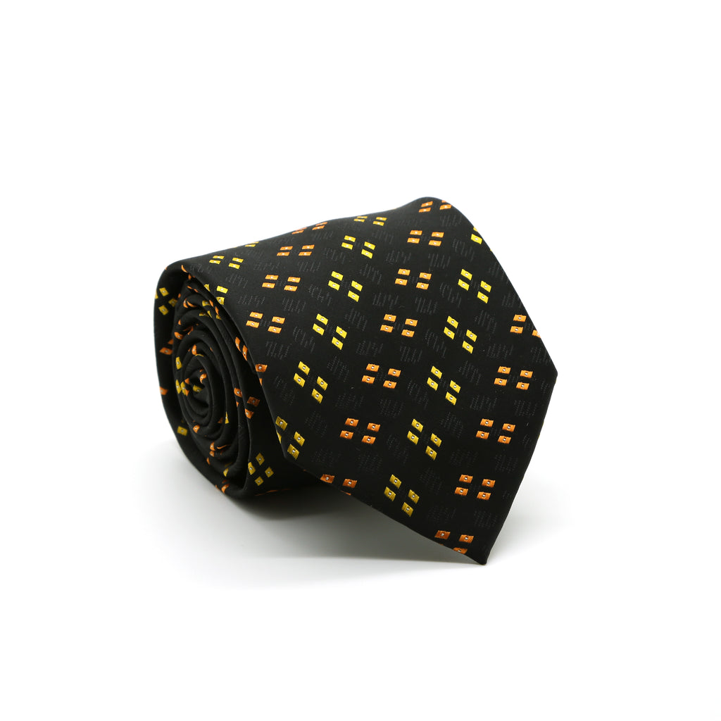 Ferrecci Mens Black/Yellow/Orange Geo Pattern Necktie with Handkerchief Set - FHYINC best men