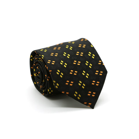 Ferrecci Mens Black/Yellow/Orange Geo Pattern Necktie with Handkerchief Set