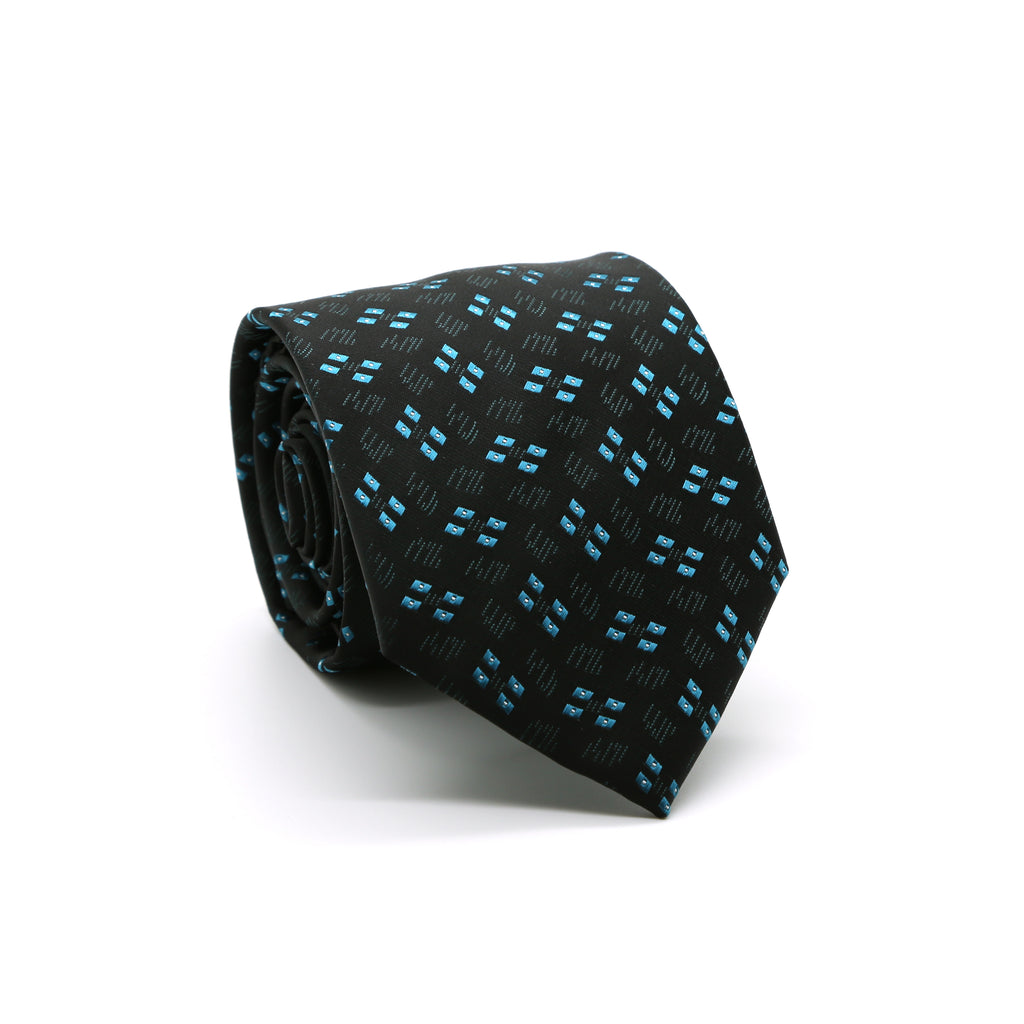 Ferrecci Mens Black/Turquoise Geo Pattern Necktie with Handkerchief Set - FHYINC best men