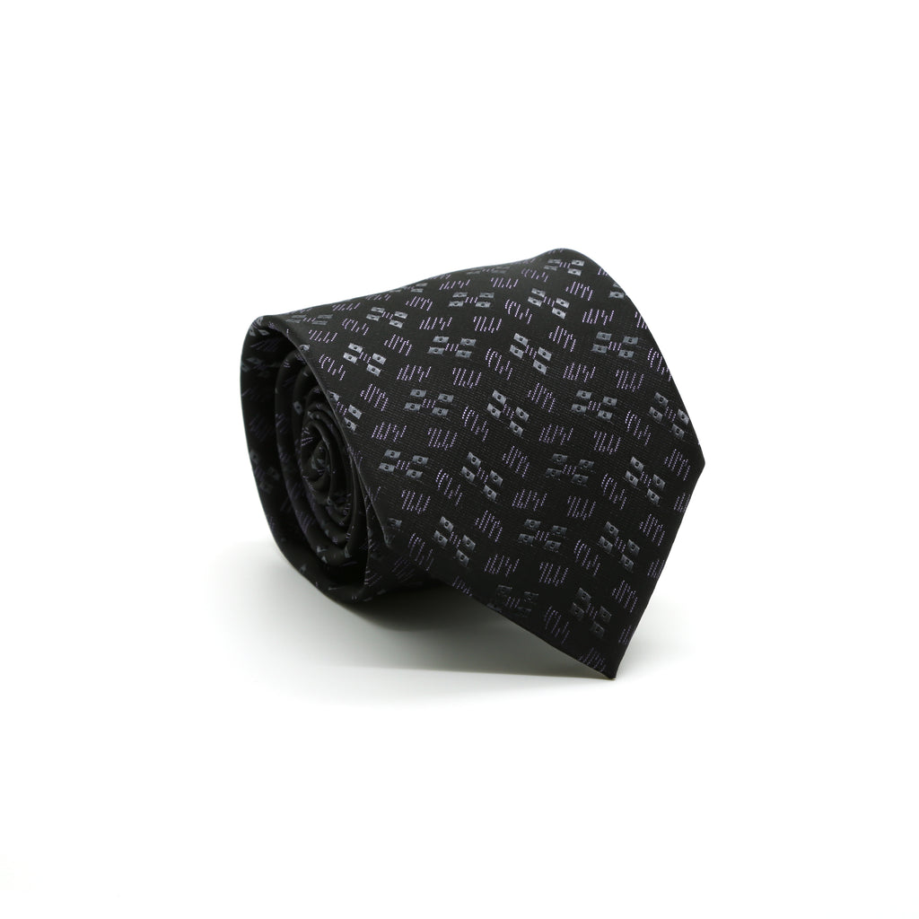 Ferrecci Mens Black/Grey/Lavender Geo Pattern Necktie with Handkerchief Set - FHYINC best men