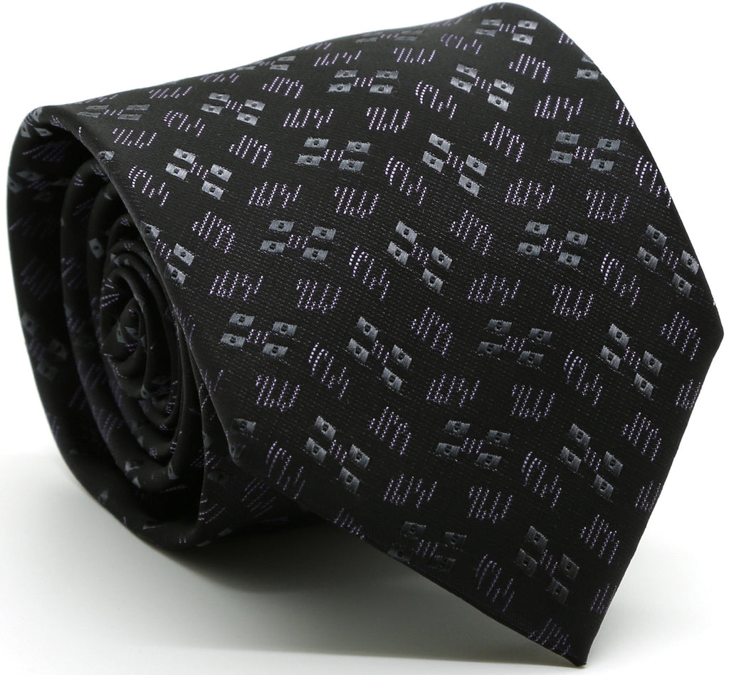 Mens Dads Classic Black Geometric Pattern Business Casual Necktie & Hanky Set QO-8 - FHYINC best men