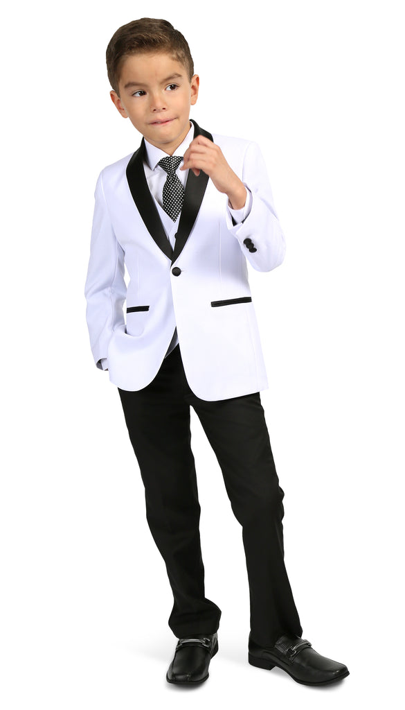 Boys Reno JR 5pc White/Black Shawl Tuxedo Set - FHYINC best men