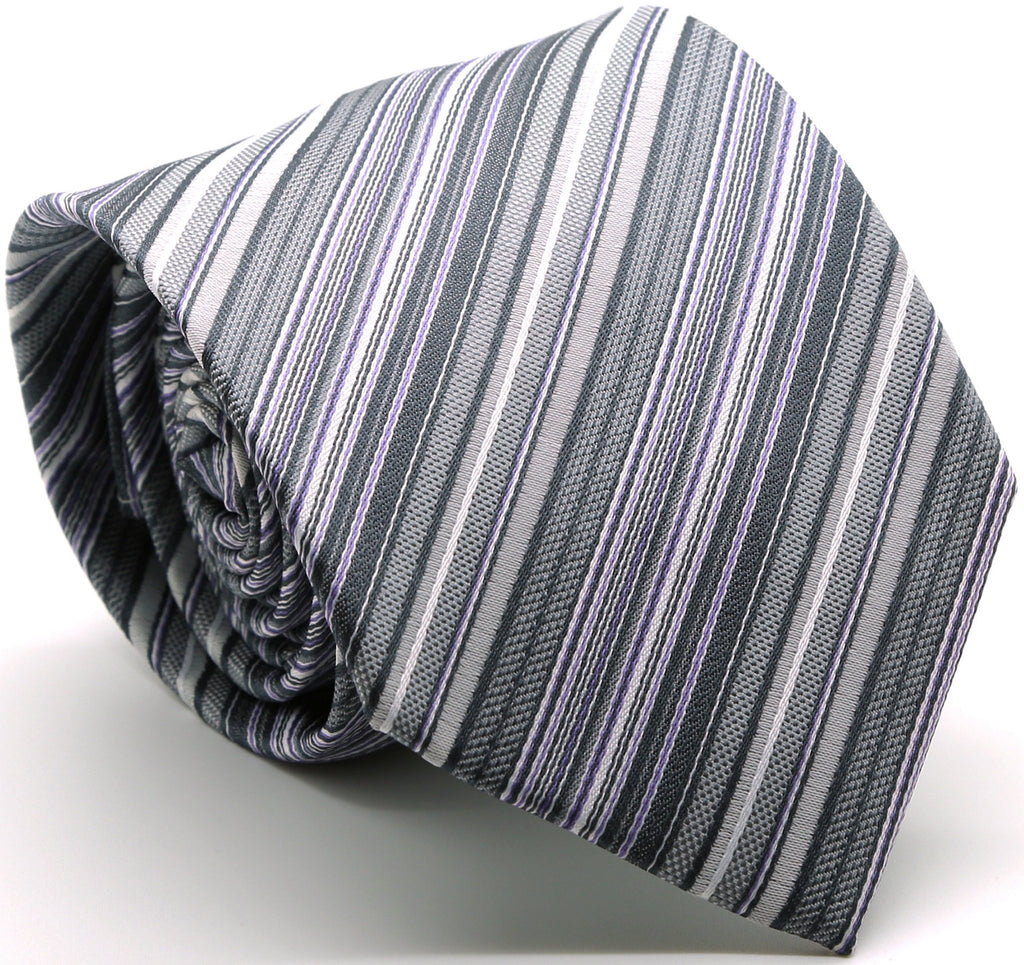 Mens Dads Classic Grey Striped Pattern Business Casual Necktie & Hanky Set S-1 - FHYINC best men