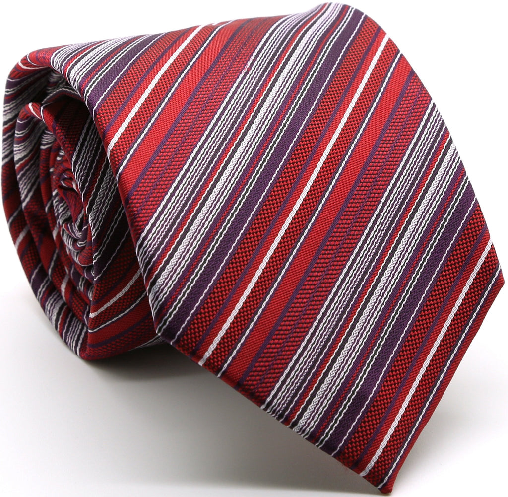 Mens Dads Classic Red Striped Pattern Business Casual Necktie & Hanky Set S-11 - FHYINC best men