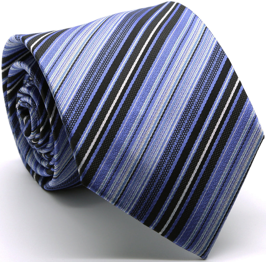 Mens Dads Classic Blue Striped Pattern Business Casual Necktie & Hanky Set S-8 - FHYINC best men