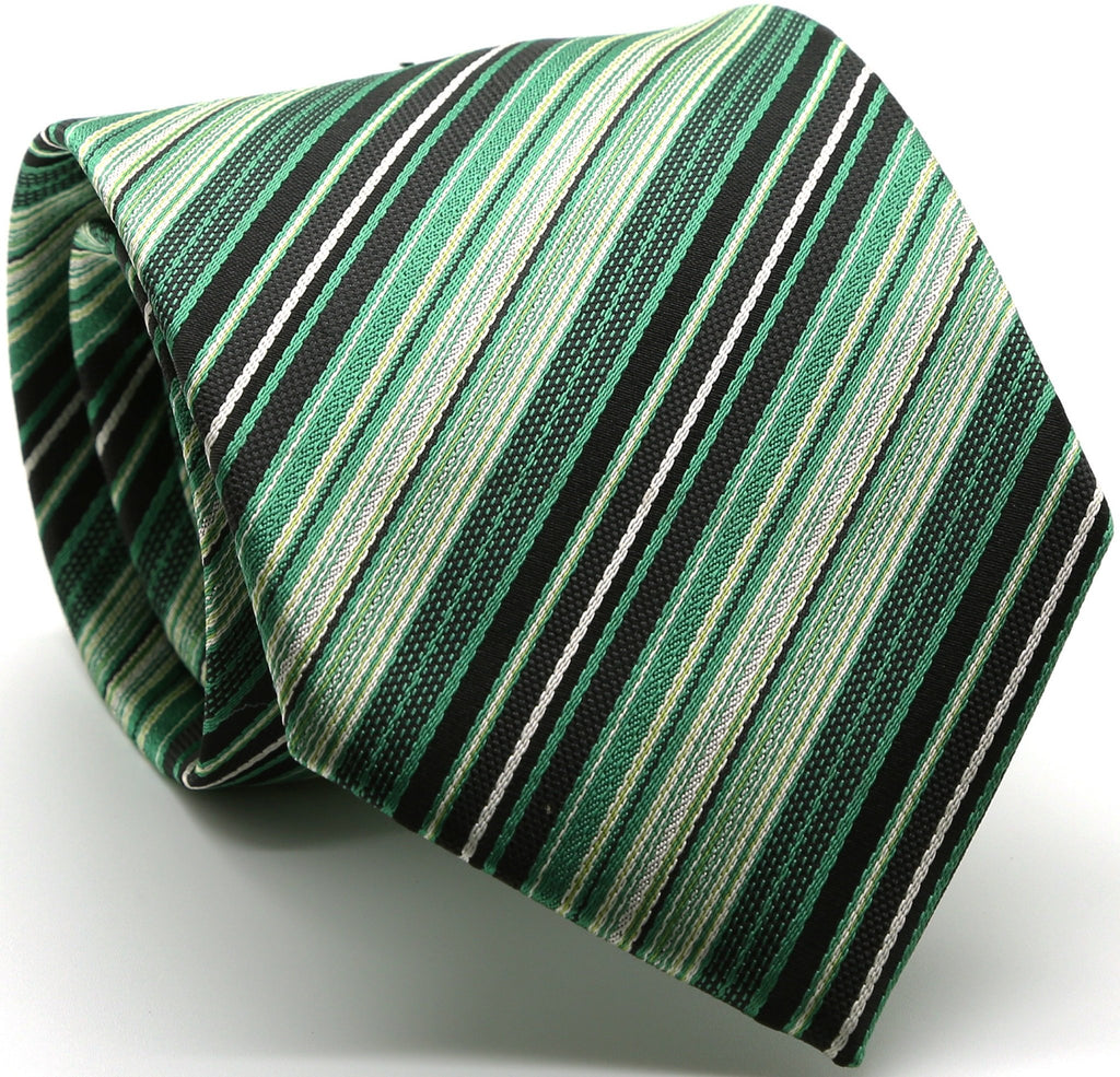 Mens Dads Classic Green Striped Pattern Business Casual Necktie & Hanky Set S-9 - FHYINC best men