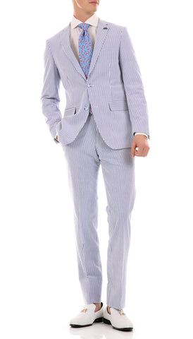 Premium Comfort Cotton Slim Blue Seersucker Suit