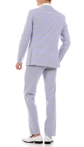 Premium Comfort Cotton Slim Blue Seersucker Suit - FHYINC
