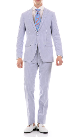 Premium Comfort Cotton Slim Blue Seersucker Suit