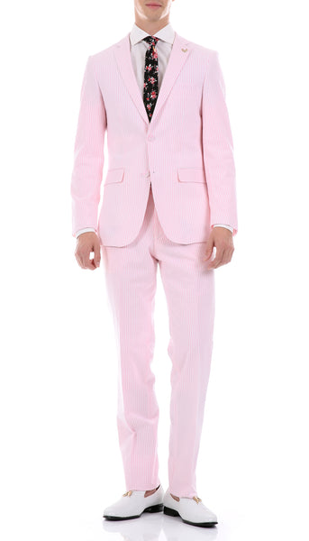 Premium Comfort Cotton Slim Pink Seersucker Suit - FHYINC