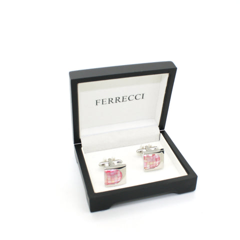Silvertone U Pink Shell Cuff Links With Jewelry Box