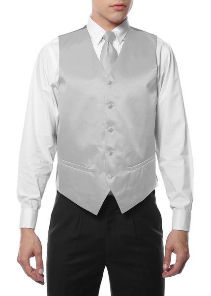 Ferrecci Mens Silver Satin 4pc Vest Set - FHYINC best men's suits, tuxedos, formal men's wear wholesale