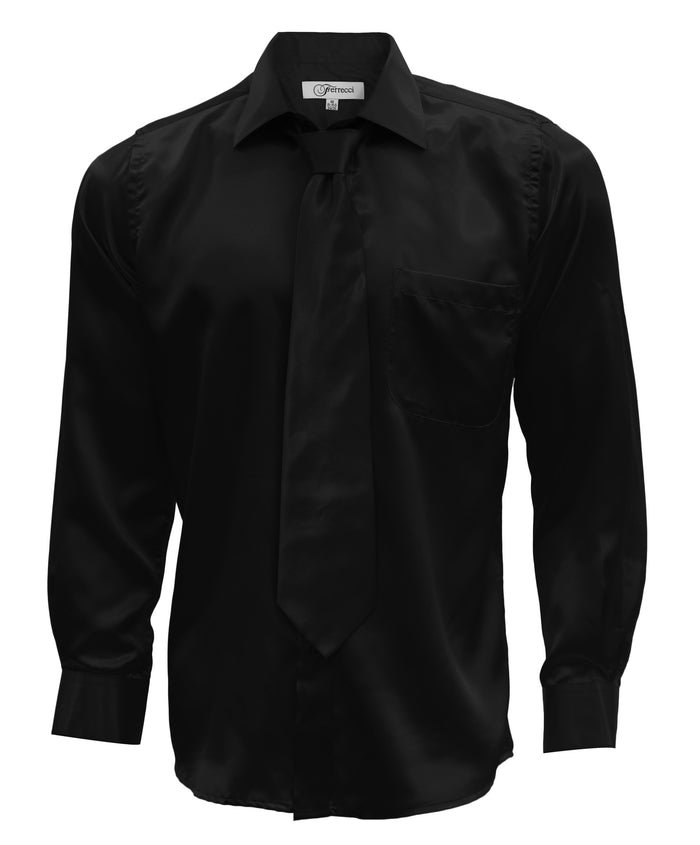 Black Satin Regular Fit Dress Shirt, Tie & Hanky Set - FHYINC best men's suits, tuxedos, formal men's wear wholesale