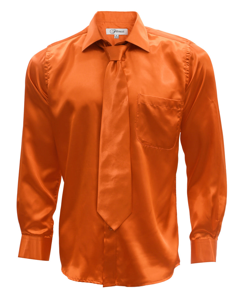 Burnt Orange Satin Regular Fit Dress Shirt, Tie & Hanky Set - FHYINC best men