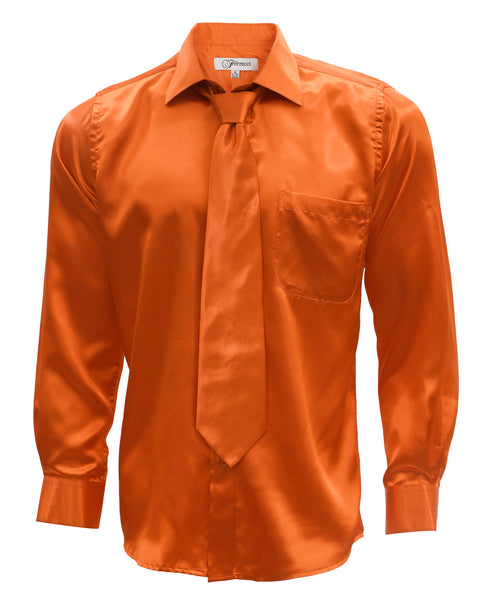Burnt Orange Satin Regular Fit Dress Shirt, Tie & Hanky Set - FHYINC best men's suits, tuxedos, formal men's wear wholesale
