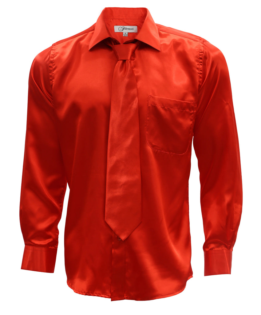 Burnt Red Satin Regular Fit French Cuff Dress Shirt, Tie & Hanky Set - FHYINC best men