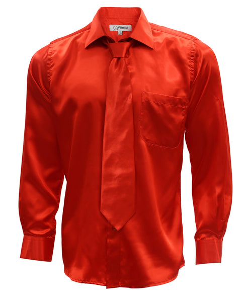 Burnt Red Satin Regular Fit French Cuff Dress Shirt, Tie & Hanky Set - FHYINC best men's suits, tuxedos, formal men's wear wholesale
