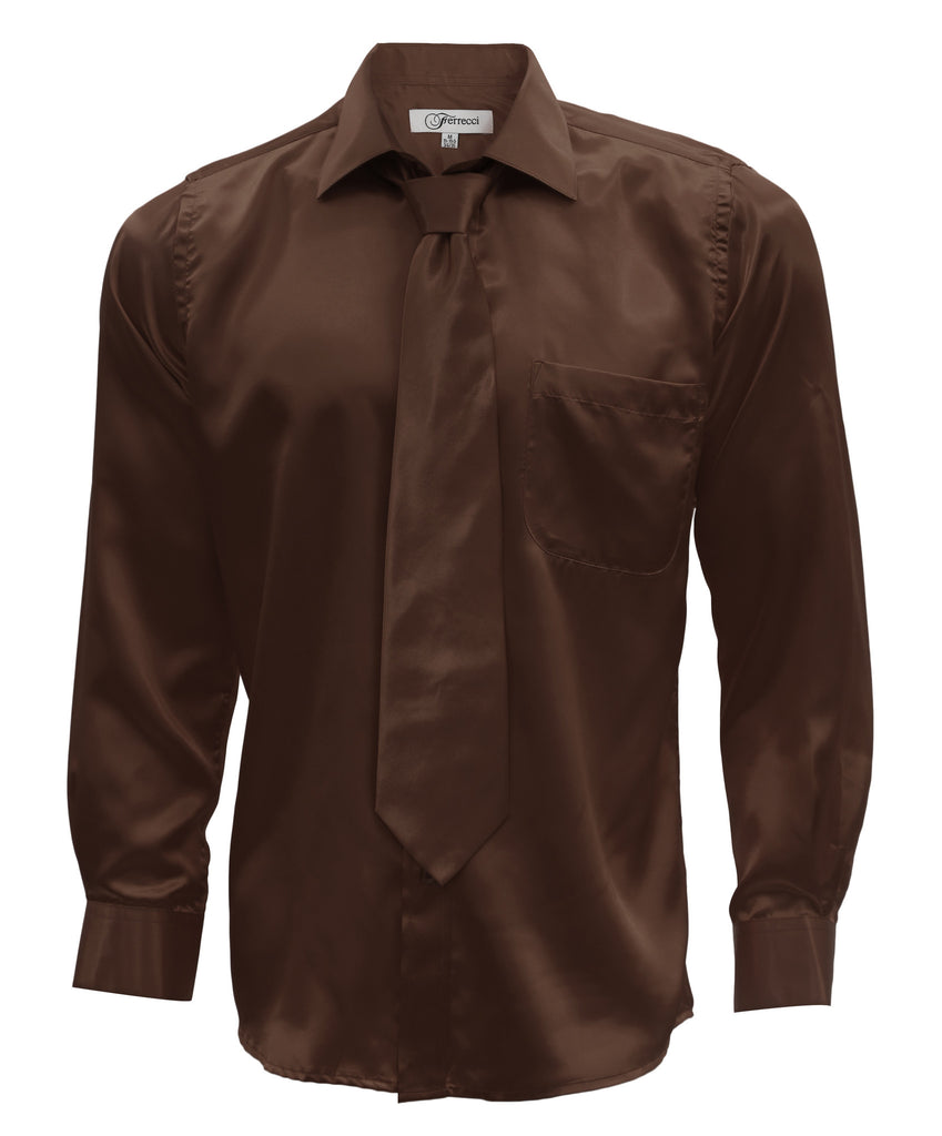 Brown Satin Regular Fit Dress Shirt, Tie & Hanky Set - FHYINC best men