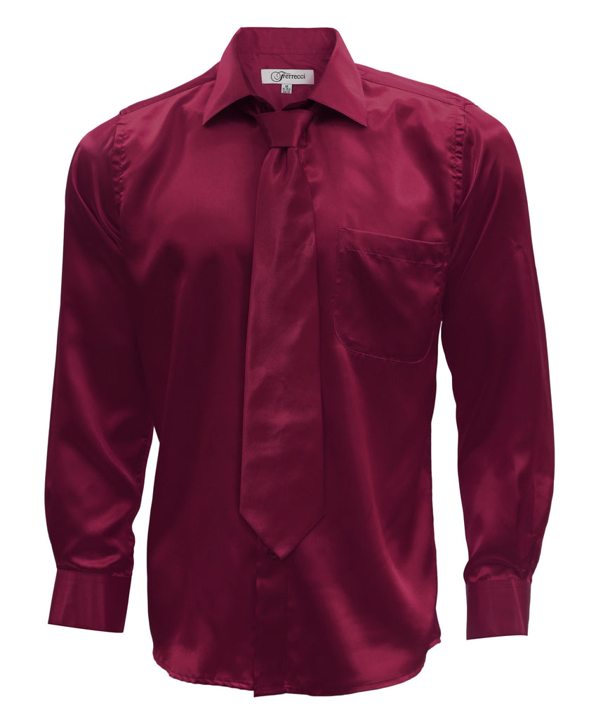 Burgundy Satin Regular Fit Dress Shirt, Tie & Hanky Set - FHYINC best men