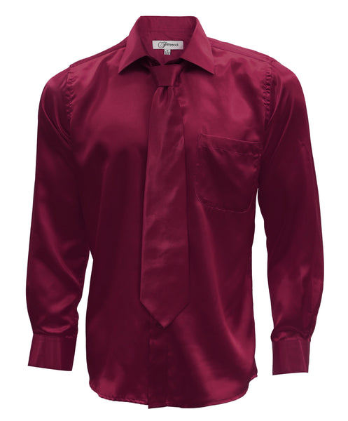 Burgundy Satin Regular Fit Dress Shirt, Tie & Hanky Set - FHYINC best men's suits, tuxedos, formal men's wear wholesale