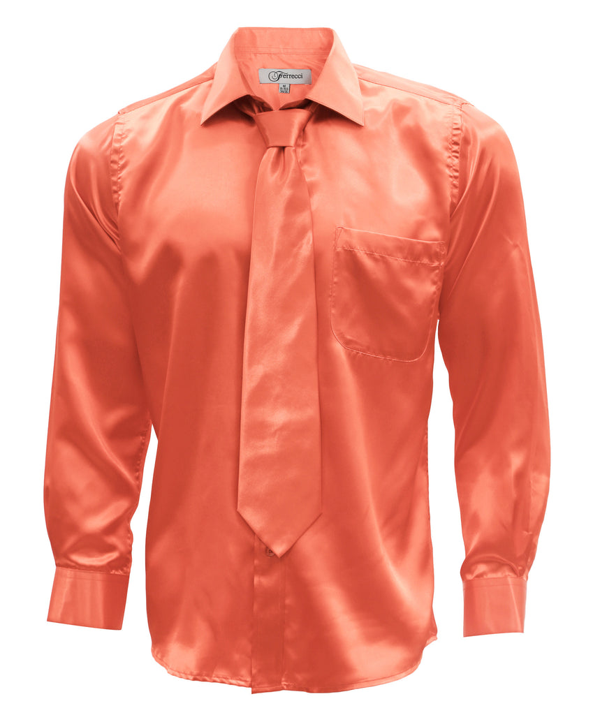 Coral Satin Regular Fit Dress Shirt, Tie & Hanky Set - FHYINC best men