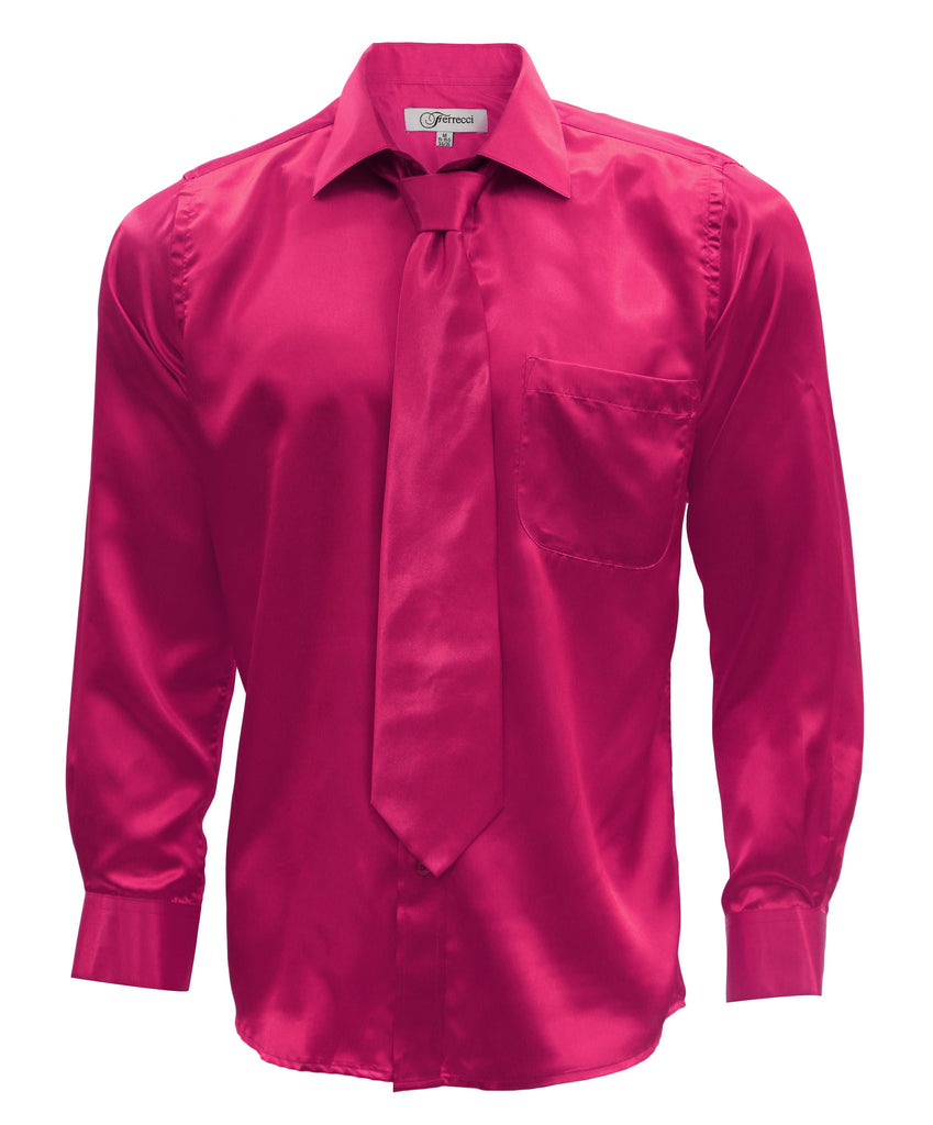 Fuchsia Satin Regular Fit French Cuff Dress Shirt, Tie & Hanky Set - FHYINC best men