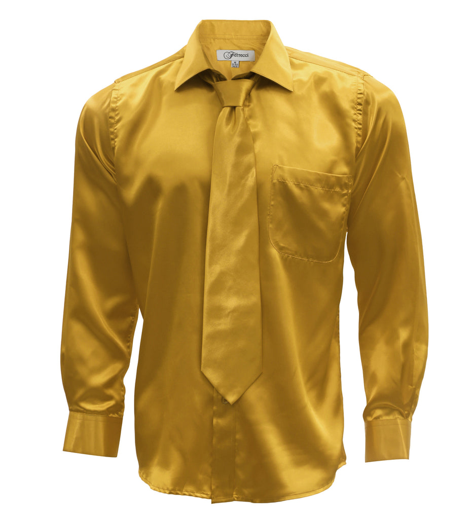 Gold Satin Regular Fit Dress Shirt, Tie & Hanky Set - FHYINC best men