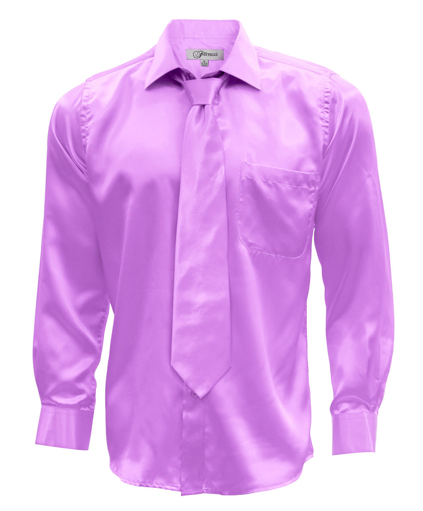 Lavender Satin Regular Fit Dress Shirt, Tie & Hanky Set - FHYINC best men