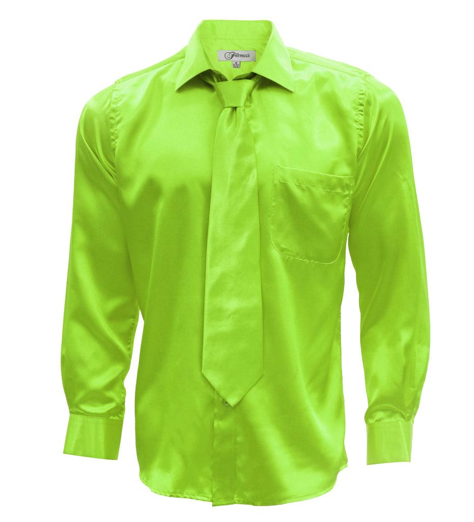 Lime Green Satin Regular Fit Dress Shirt, Tie & Hanky Set - FHYINC best men