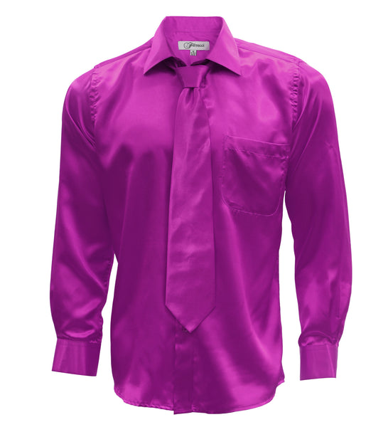 Magenta Satin Regular Fit Dress Shirt, Tie & Hanky Set - FHYINC best men's suits, tuxedos, formal men's wear wholesale