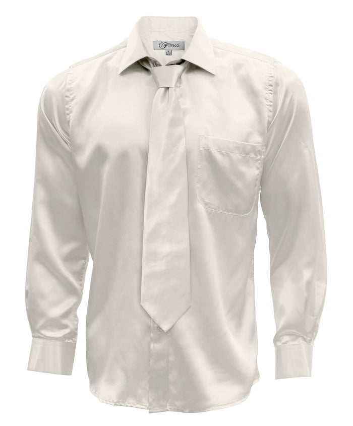 FHY INC Ferrecci Satin Off White Mens Dress Shirt Necktie & Hanky Set FHYINC FHY INC Ferrecci Satin Off White Mens Dress Shirt Necktie & Hanky Set FHYINC