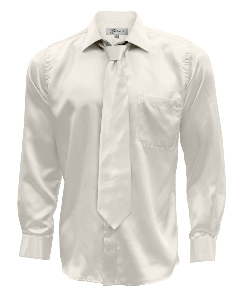 Off White Satin Regular Fit Dress Shirt, Tie & Hanky Set - FHYINC best men