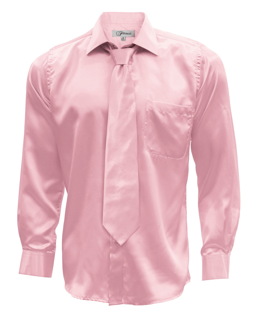 Pink Satin Regular Fit French Cuff Dress Shirt, Tie & Hanky Set - FHYINC best men