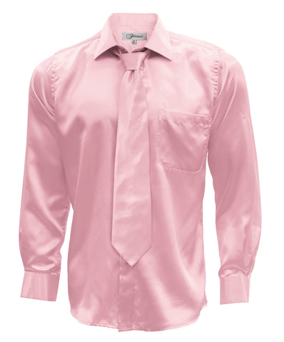 Pink Satin Regular Fit French Cuff Dress Shirt, Tie & Hanky Set