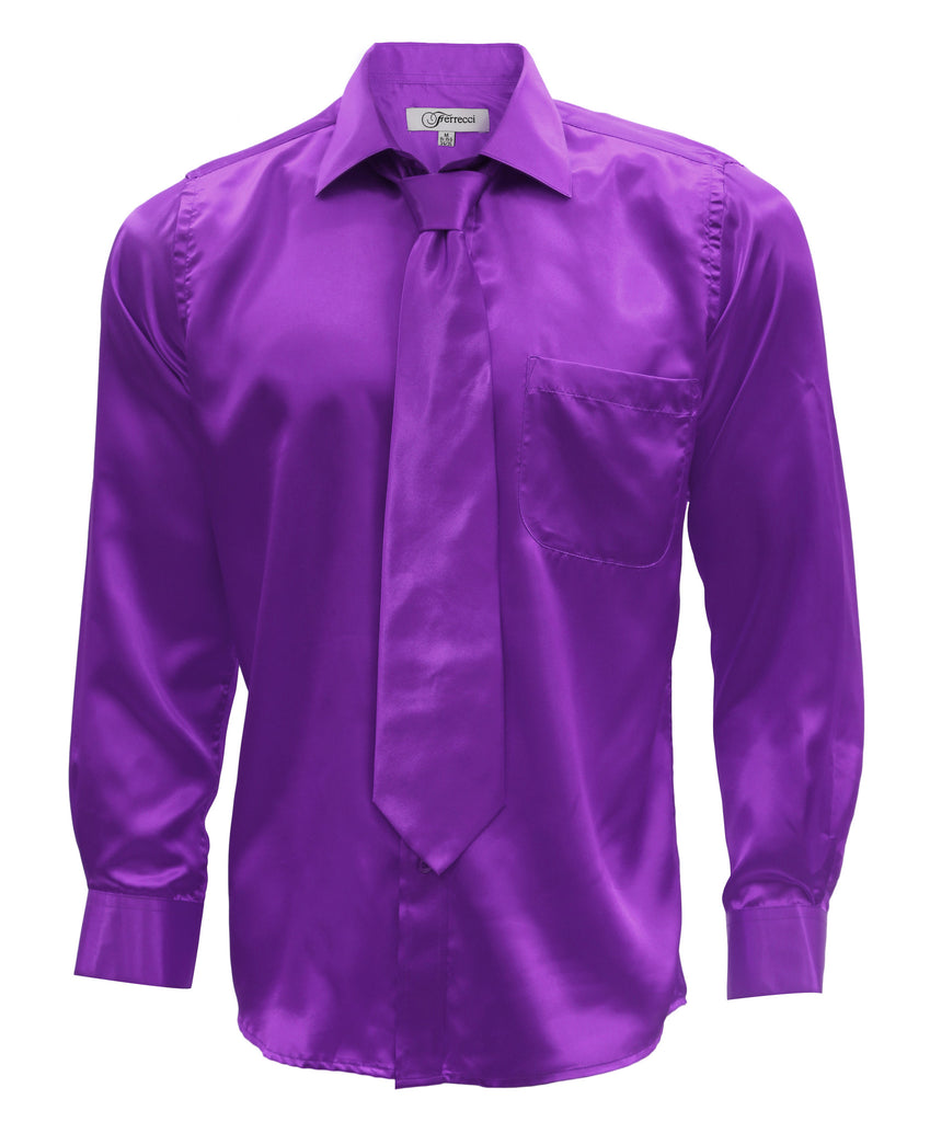 Purple Satin Regular Fit Dress Shirt, Tie & Hanky Set - FHYINC best men