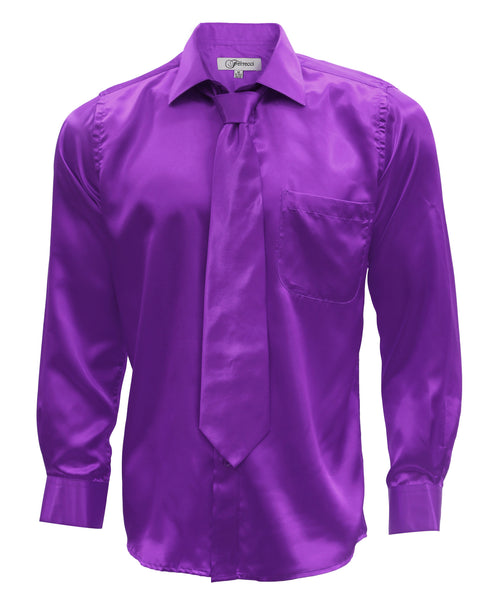 Purple Satin Regular Fit Dress Shirt, Tie & Hanky Set - FHYINC best men's suits, tuxedos, formal men's wear wholesale