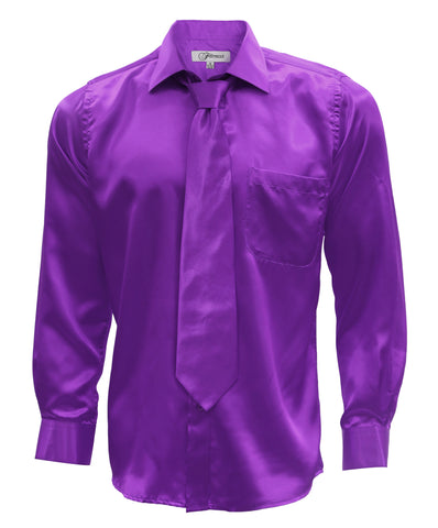 Purple Satin Regular Fit Dress Shirt, Tie & Hanky Set