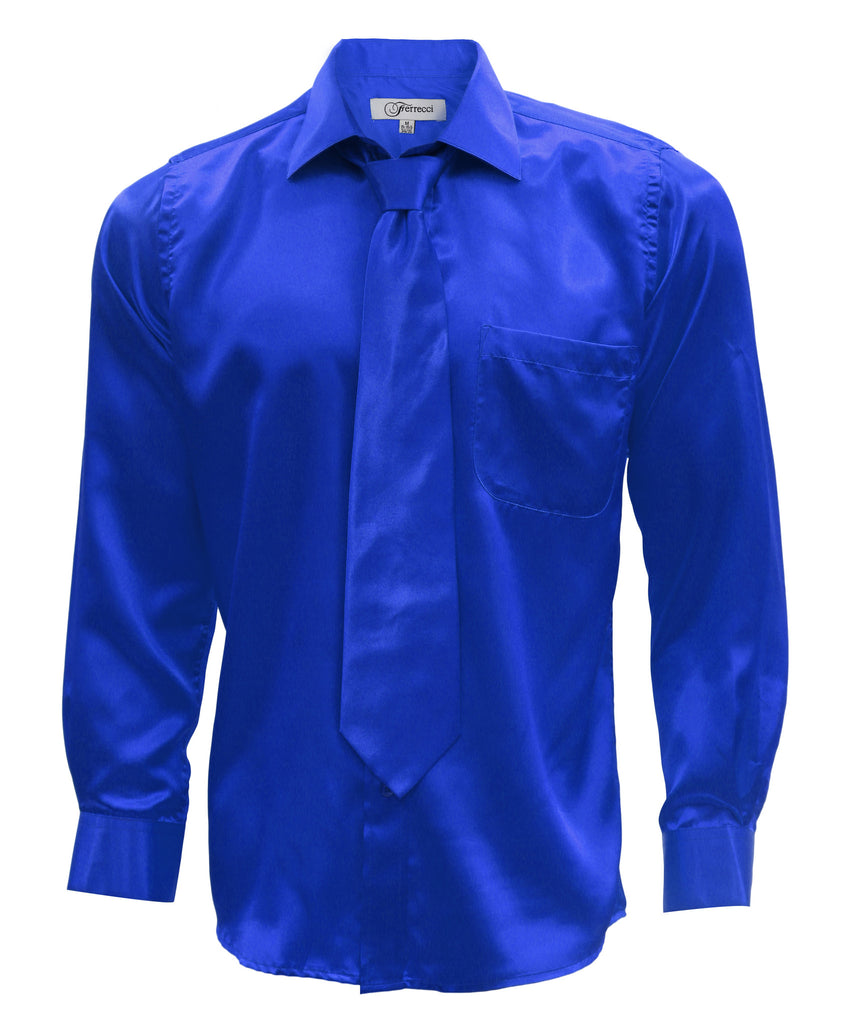 Royal Blue Satin Regular Fit Dress Shirt, Tie & Hanky Set - FHYINC best men