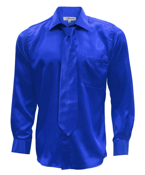 Royal Blue Satin Regular Fit Dress Shirt, Tie & Hanky Set - FHYINC best men's suits, tuxedos, formal men's wear wholesale