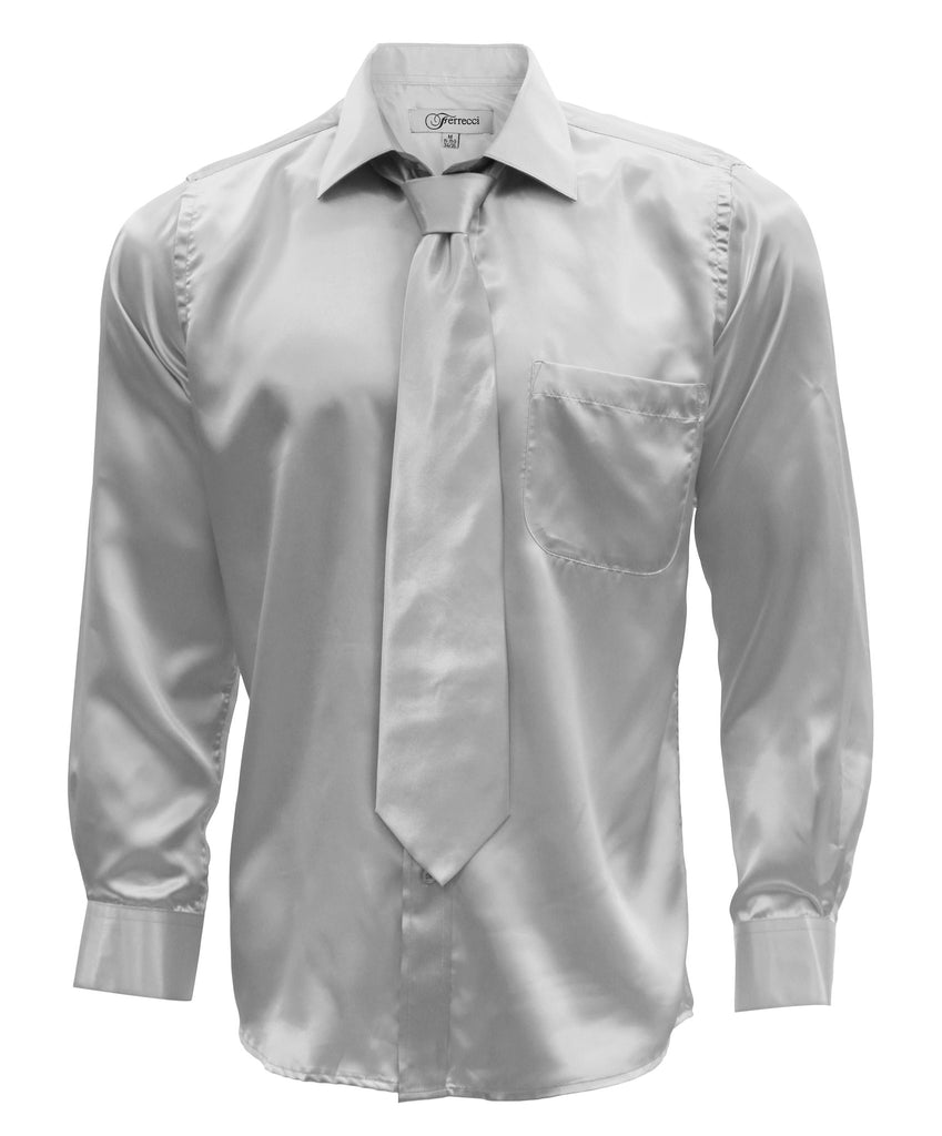 Silver Satin Regular Fit French Cuff Dress Shirt, Tie & Hanky Set - FHYINC best men